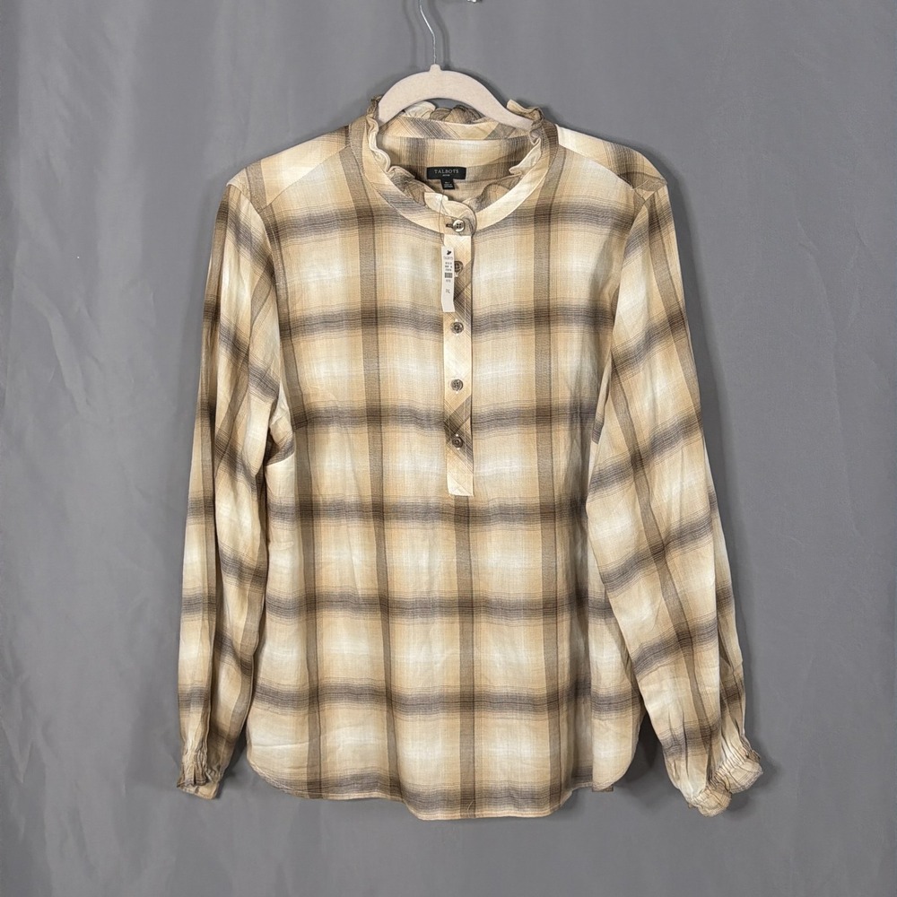 Talbots Top Womens Petite PXL Tan Plaid Henley Ruffle Blouse Popover NEW